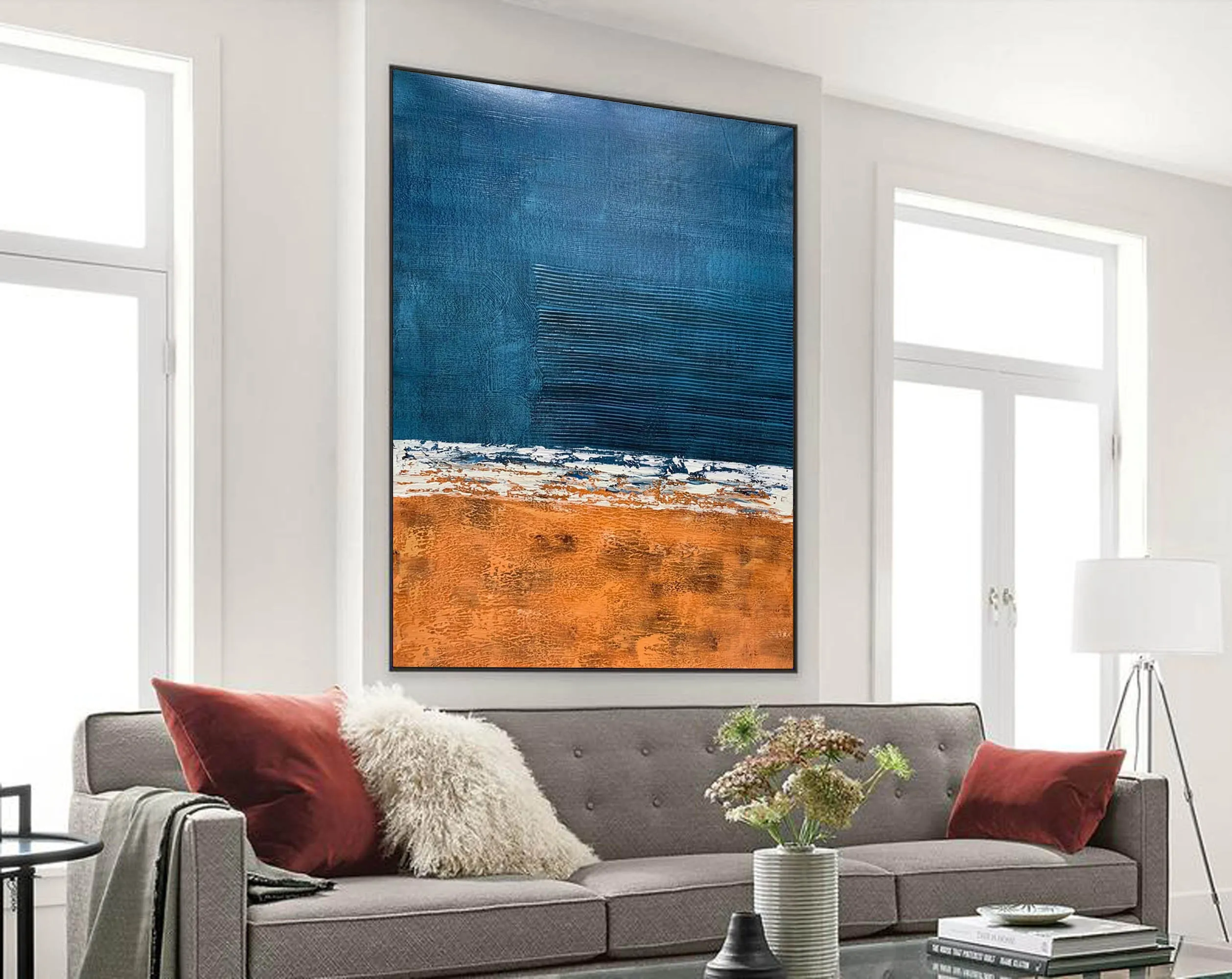 Deep Blue Orange Abstract Painting Textured Wall Art Np117