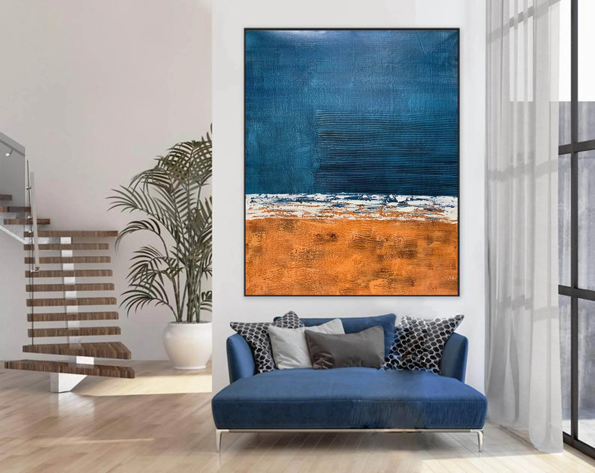 Deep Blue Orange Abstract Painting Textured Wall Art Np117