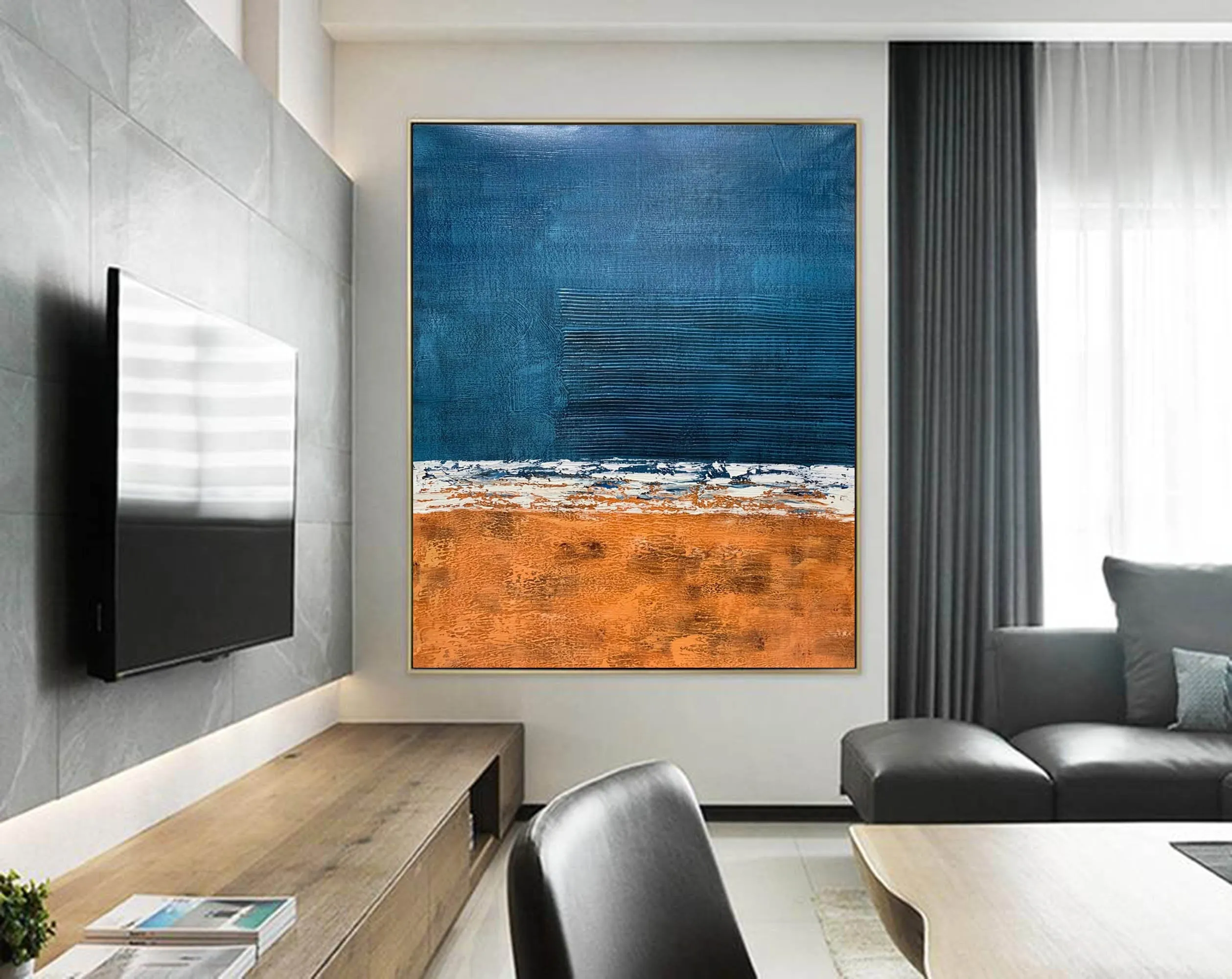 Deep Blue Orange Abstract Painting Textured Wall Art Np117