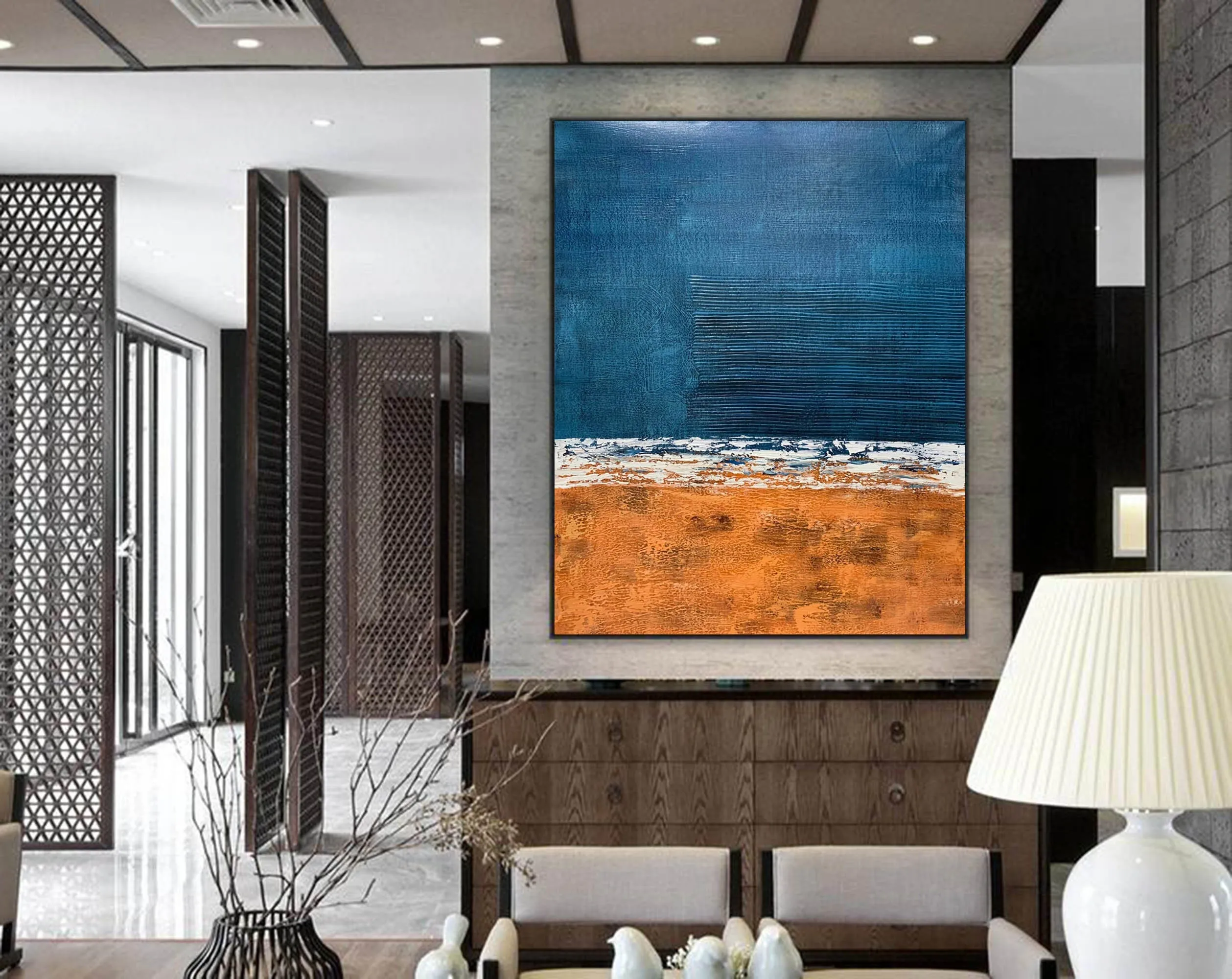 Deep Blue Orange Abstract Painting Textured Wall Art Np117