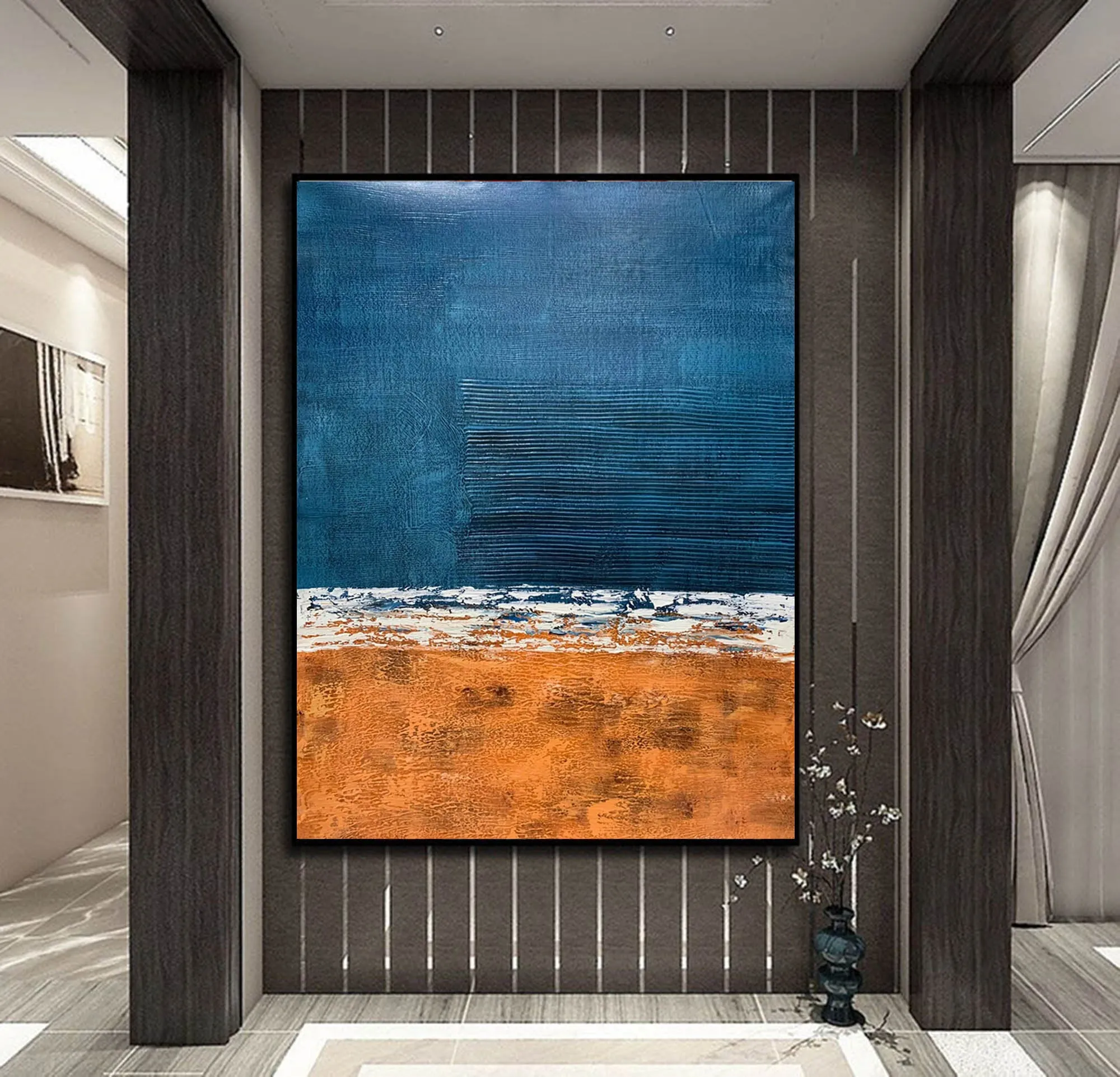 Deep Blue Orange Abstract Painting Textured Wall Art Np117