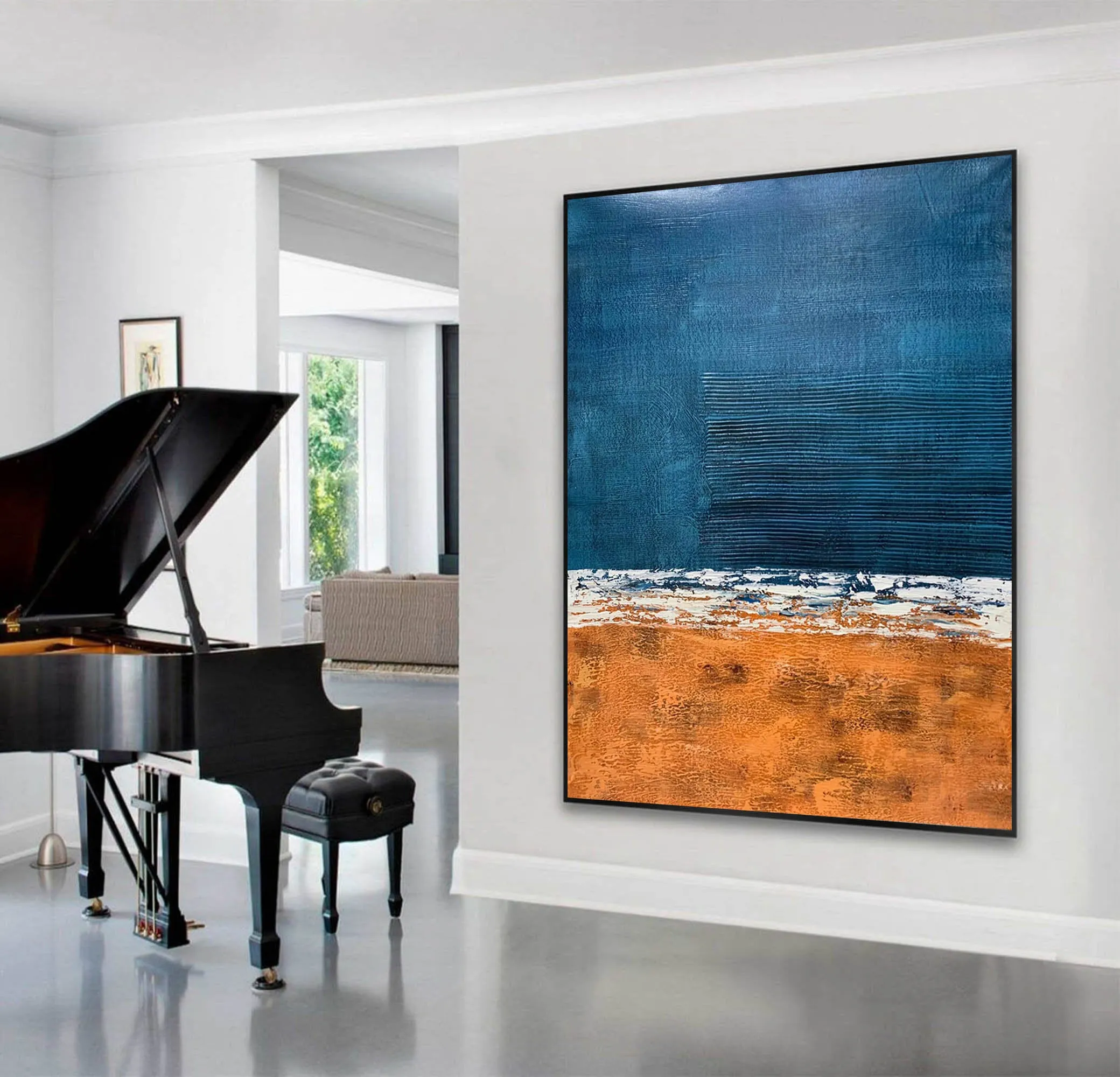 Deep Blue Orange Abstract Painting Textured Wall Art Np117
