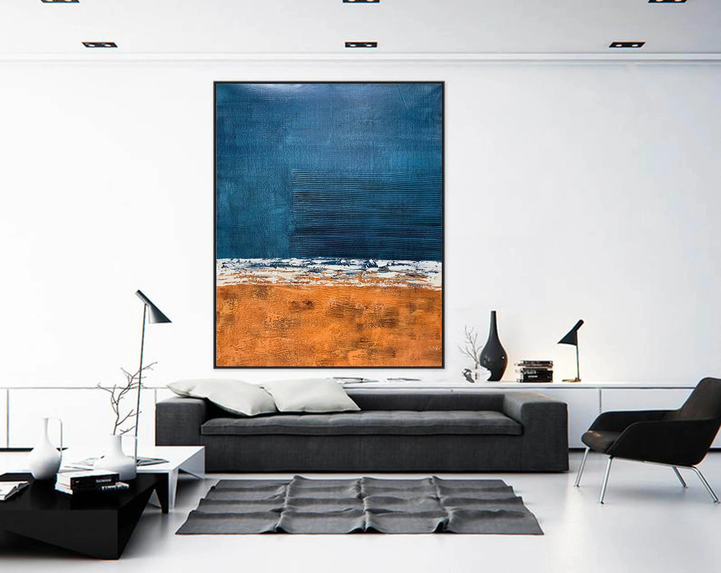Deep Blue Orange Abstract Painting Textured Wall Art Np117