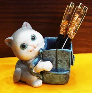 DIGITAL COMM Cute Brown Color Smiling Cat with Blue Color Bag Designed Pen Stand Decorative Pen Stand for Gift Office Desk Kids Study Table, Multicolor, Resin