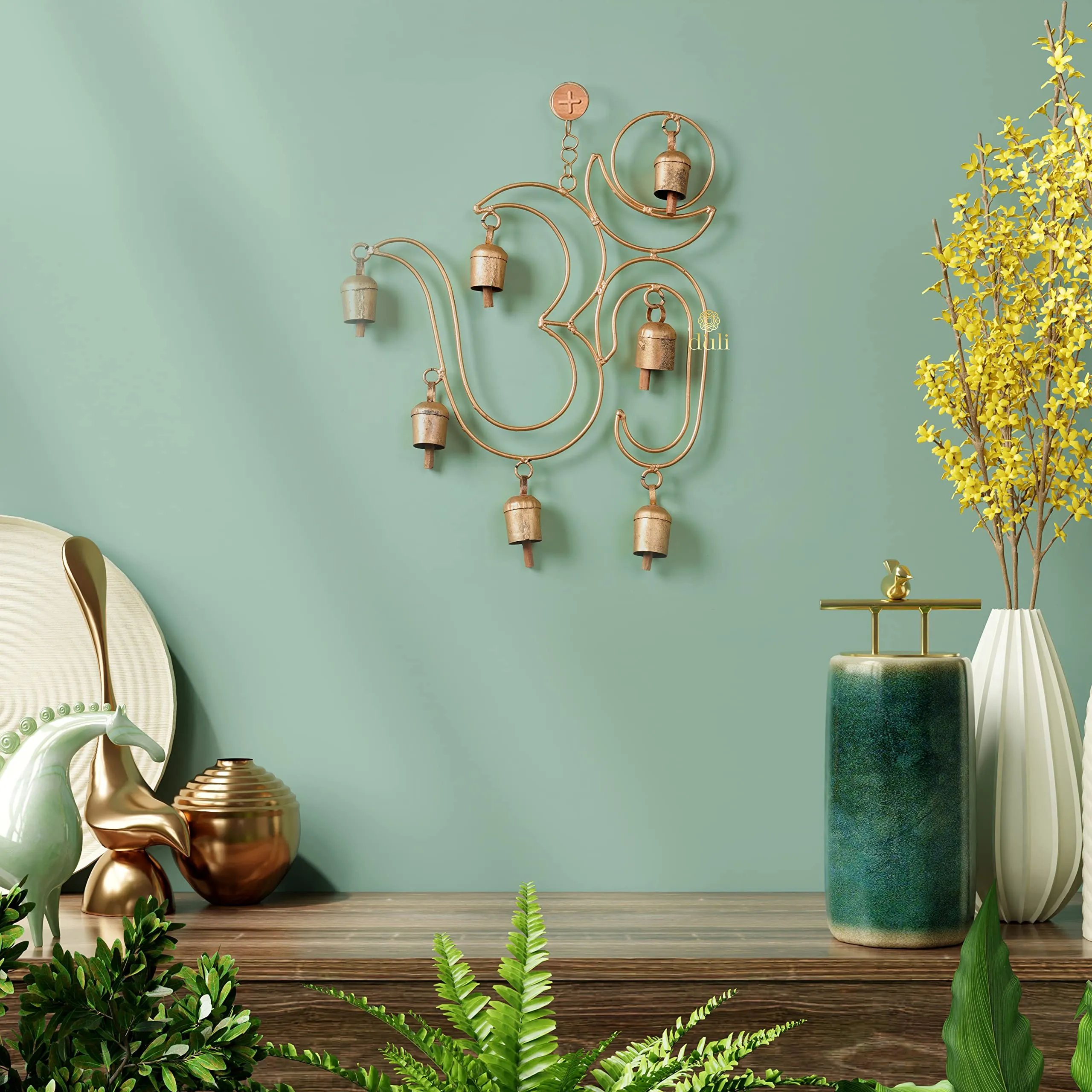 DULI Metal Windchime Wall Hanging, Feng Shui, Wall Art PositiveVibes, Rustic Wall Hangings, Diwali Decor, Home Decor Hanging Bells, Brings Peace & Positivity (MetalWallHanging: BigOM13x10)