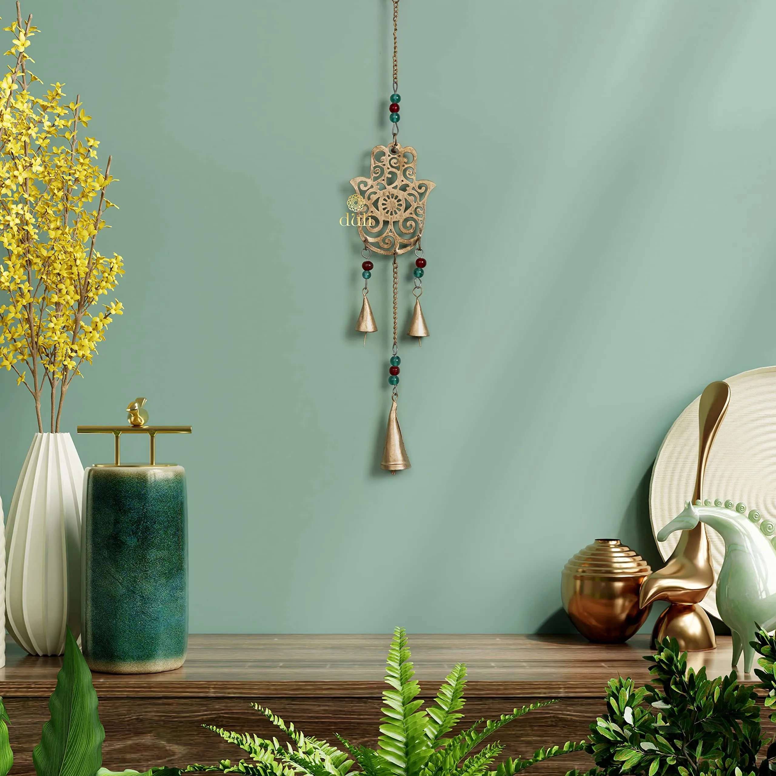 DULI Metal Windchime Wall Hanging, Feng Shui, Wall Art, Wall Decor, PositiveVibes, Rustic Wall Hangings, Wall Art, Diwali Decor, Home Decor Hanging Bells (Metal: Hamsa(23x3 Inches))