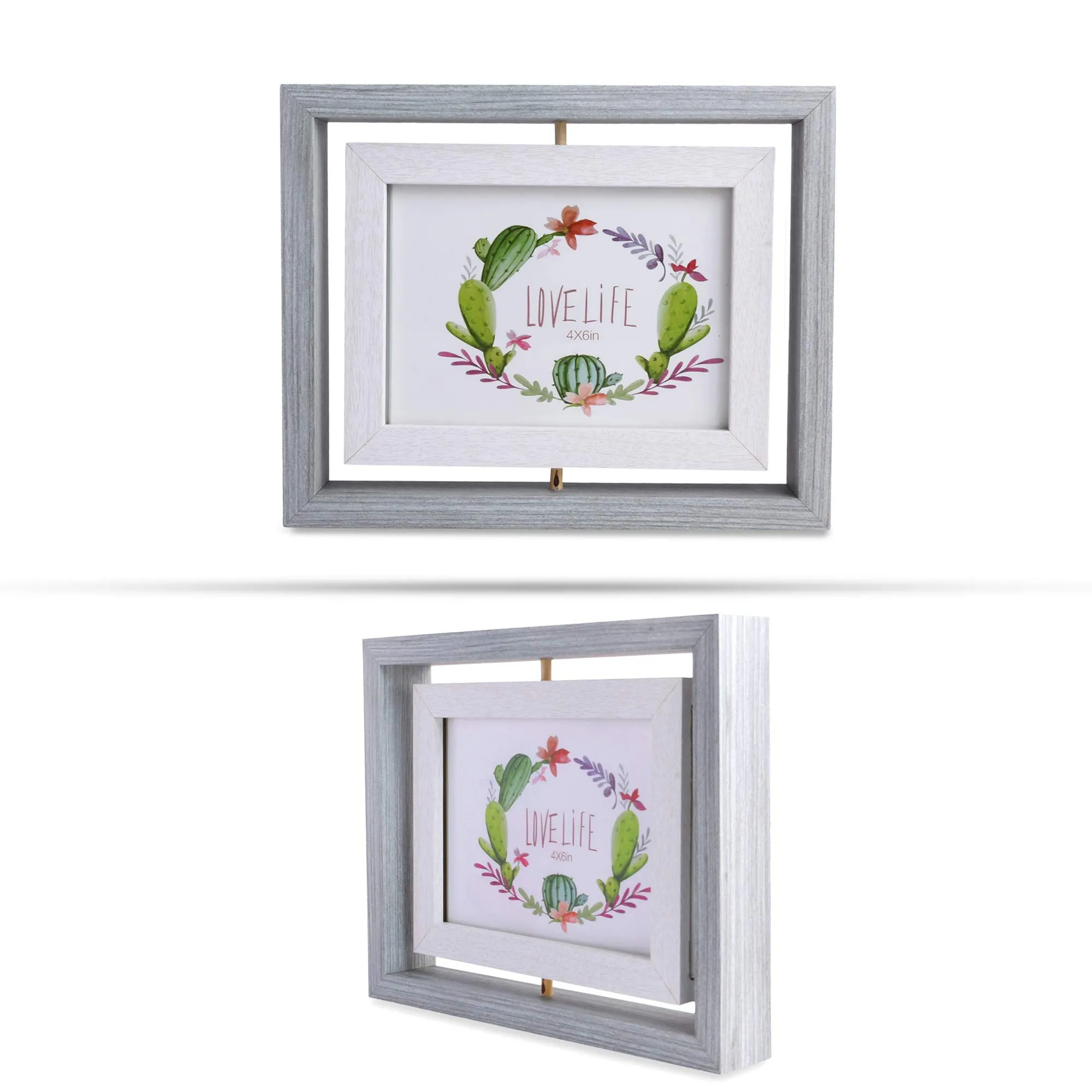 el Dios Premium Range Designer Wood Picture Frame Finish 360-degree Revolving Table Photo Frame for Bedroom/Living Room/Office – (2 Photos, Grey & White Colour, 21X17cm)
