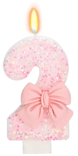 ElekFX Birthday Candle for Cake, 2 Candle - Pink Glitter with Bowknot, 2.76 inch Happy Birthday Candle, Cake Topper Decoration for 2 Years Old Birthday Party (Number 2)
