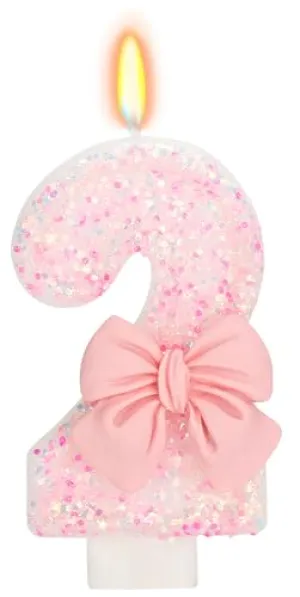 ElekFX Birthday Candle for Cake, 2 Candle - Pink Glitter with Bowknot, 2.76 inch Happy Birthday Candle, Cake Topper Decoration for 2 Years Old Birthday Party (Number 2)