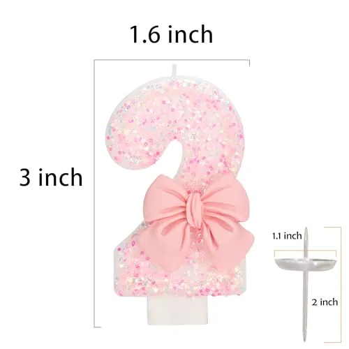 ElekFX Birthday Candle for Cake, 2 Candle - Pink Glitter with Bowknot, 2.76 inch Happy Birthday Candle, Cake Topper Decoration for 2 Years Old Birthday Party (Number 2)