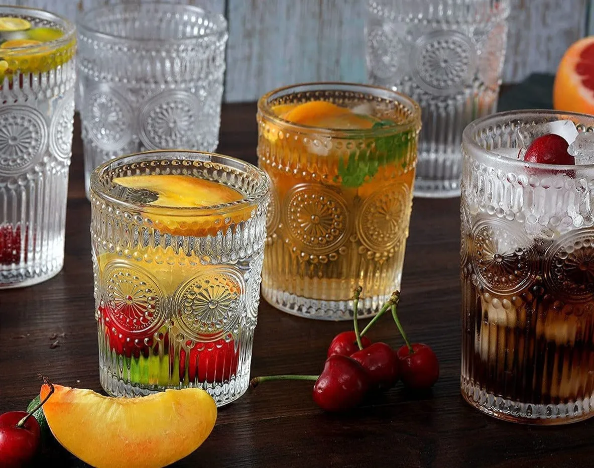 EMBOSSED WHISKEY GLASS SET OF 6   FREE PEG MEASURE