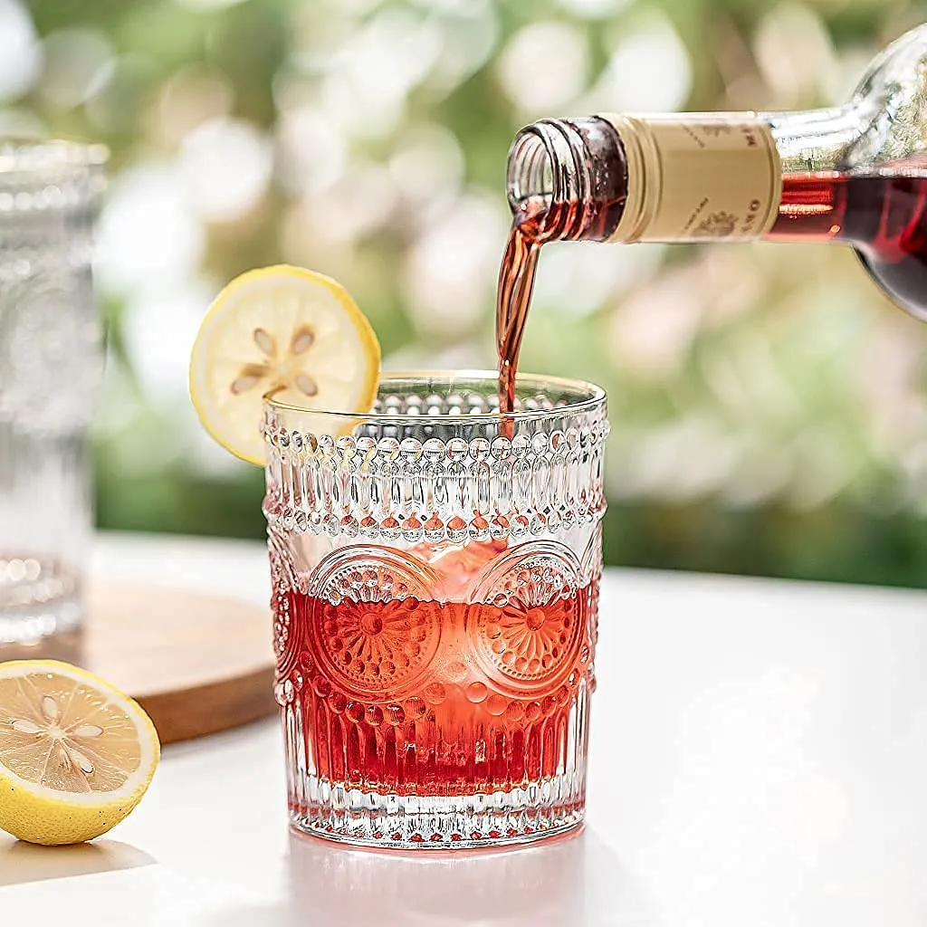 EMBOSSED WHISKEY GLASS SET OF 6   FREE PEG MEASURE