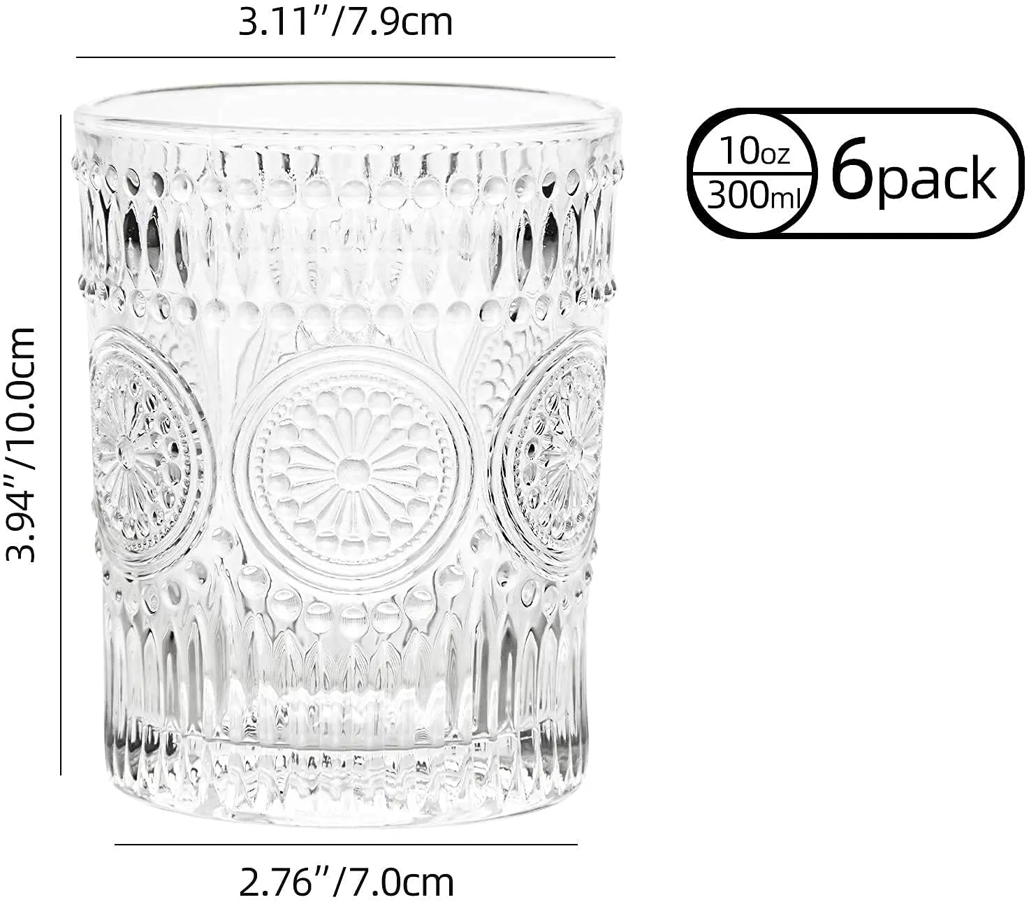 EMBOSSED WHISKEY GLASS SET OF 6   FREE PEG MEASURE