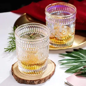 EMBOSSED WHISKEY GLASS SET OF 6   FREE PEG MEASURE