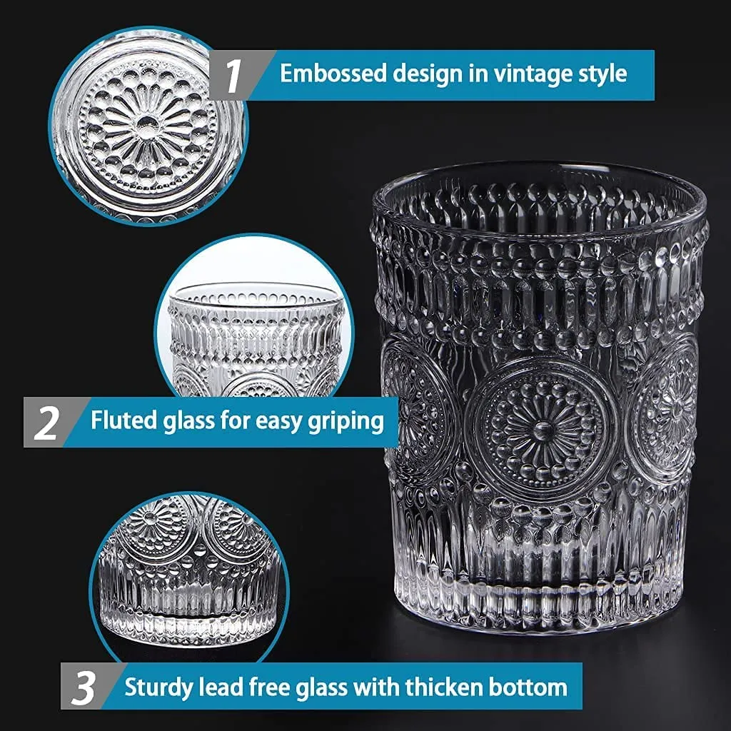 EMBOSSED WHISKEY GLASS SET OF 6   FREE PEG MEASURE