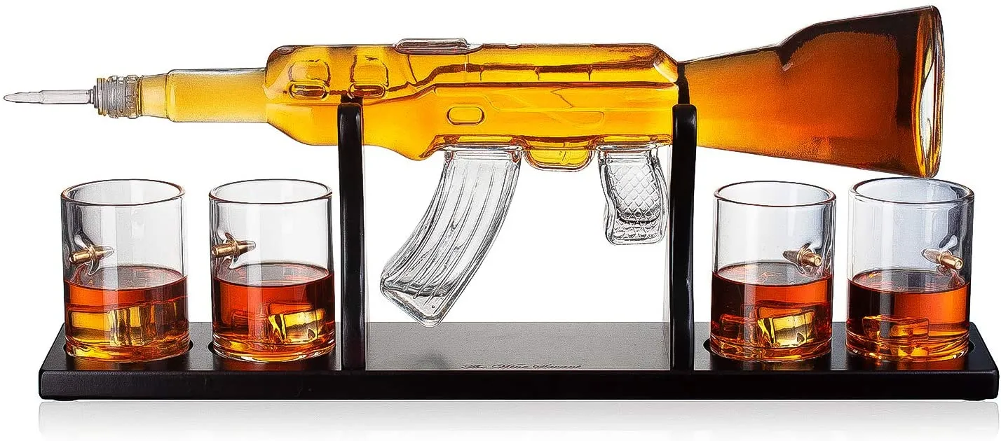 Gun Large Decanter Set Bullet Glasses - Limited Edition Elegant Rifle Gun Whiskey Decanter 22.5" 1000ml With 4 Bullet Whiskey Glasses and Mohogany Wooden Base By The Wine Savant by The Wine Savant