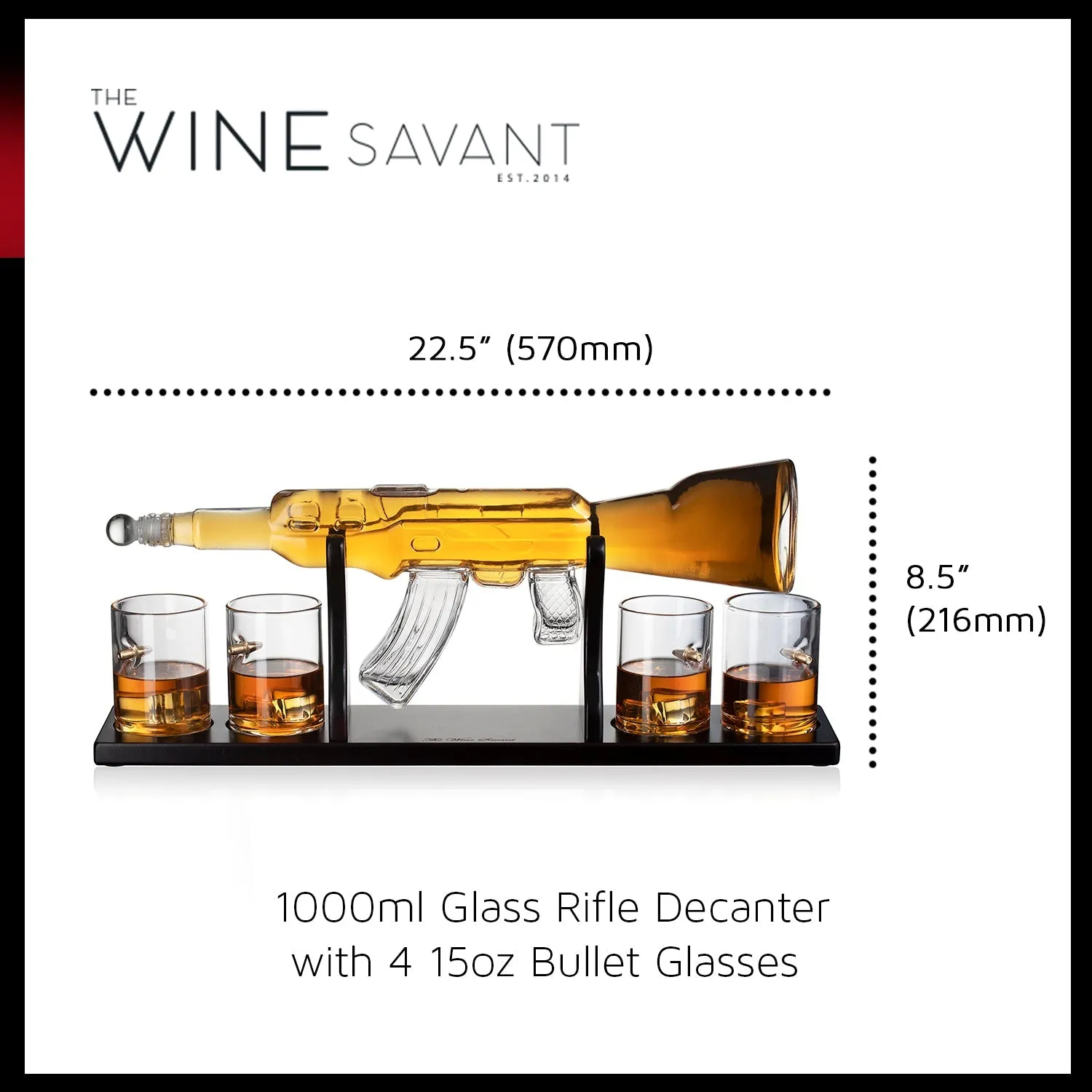 Gun Large Decanter Set Bullet Glasses - Limited Edition Elegant Rifle Gun Whiskey Decanter 22.5" 1000ml With 4 Bullet Whiskey Glasses and Mohogany Wooden Base By The Wine Savant by The Wine Savant