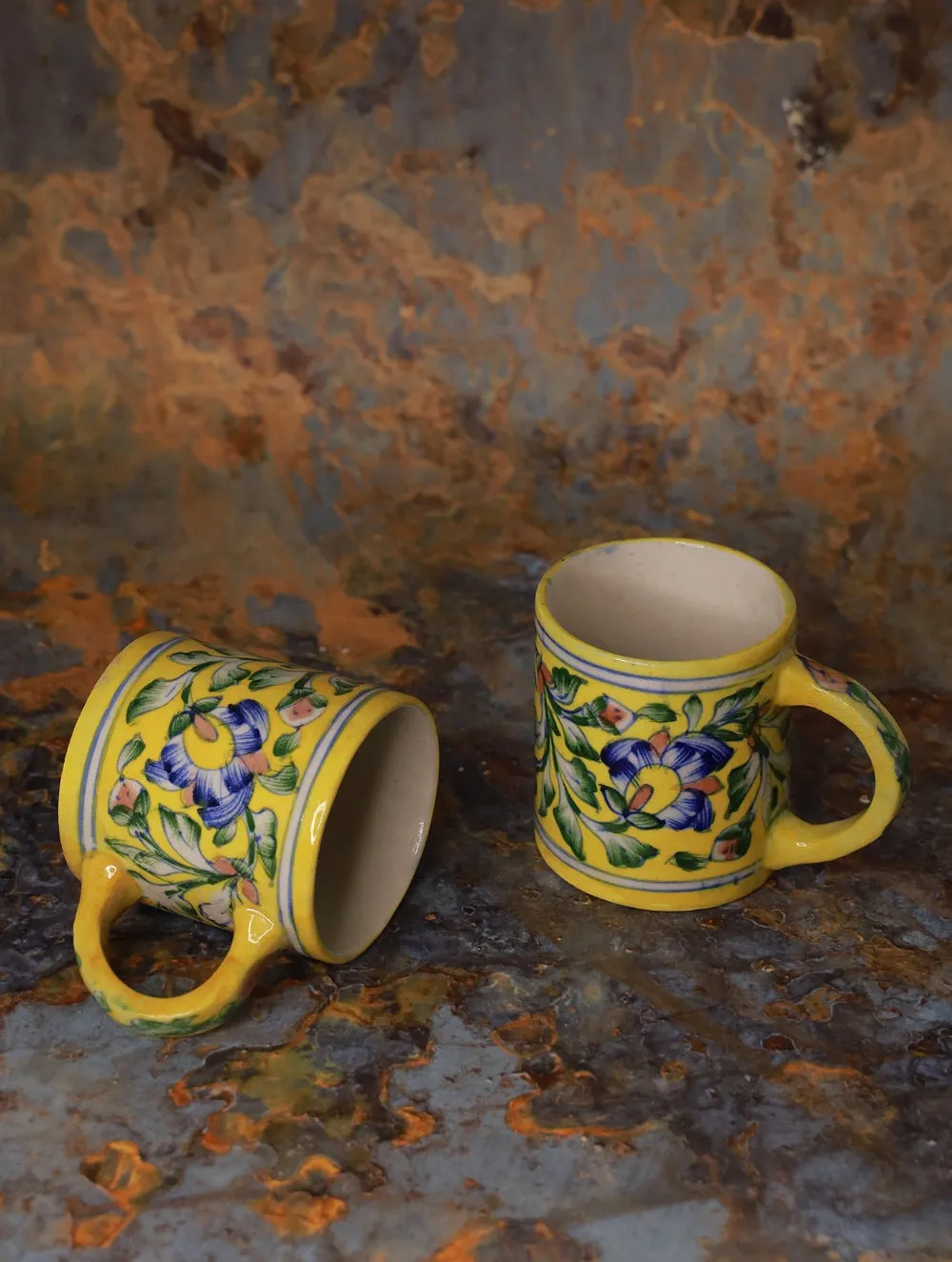 Jaipur Ceramic Blue Pottery Mugs (Set of 2) - Yellow Floral