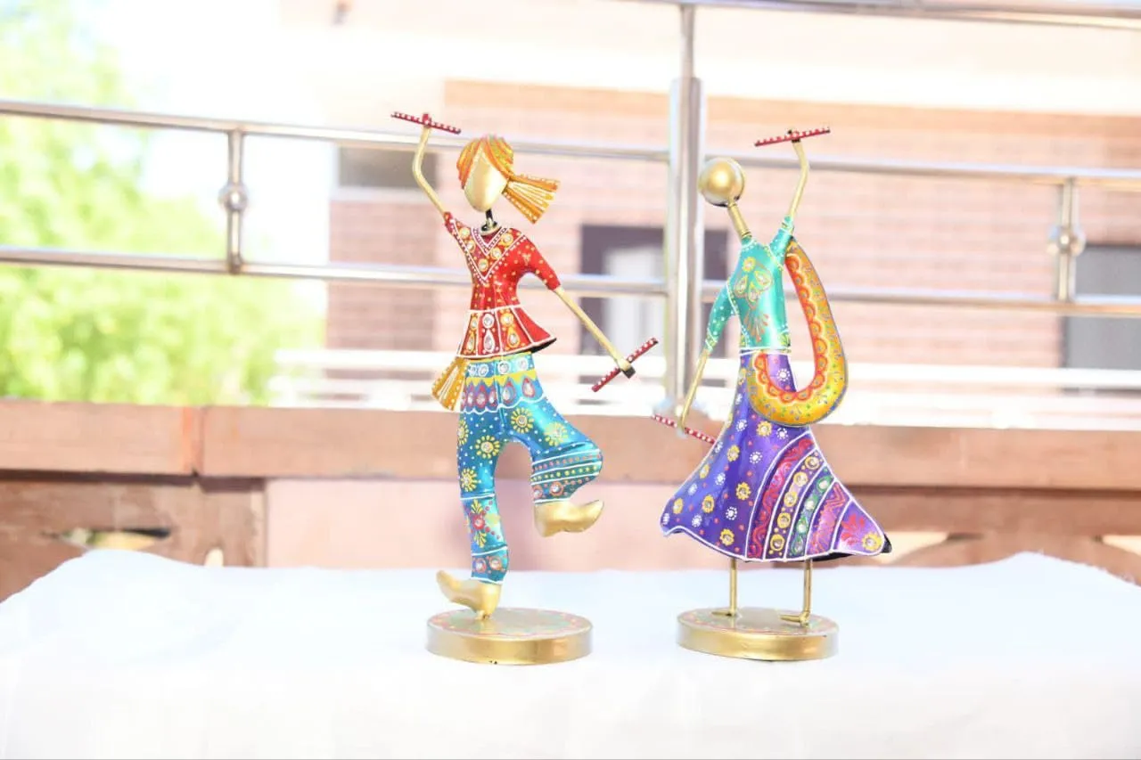 JH Gallery Handmade Handpainted Playing Dandia Couple Rajasthani Handicraft Wrought Iron Emboss Painted Decorative Showpiece Multicolor 12.5 Inch Height
