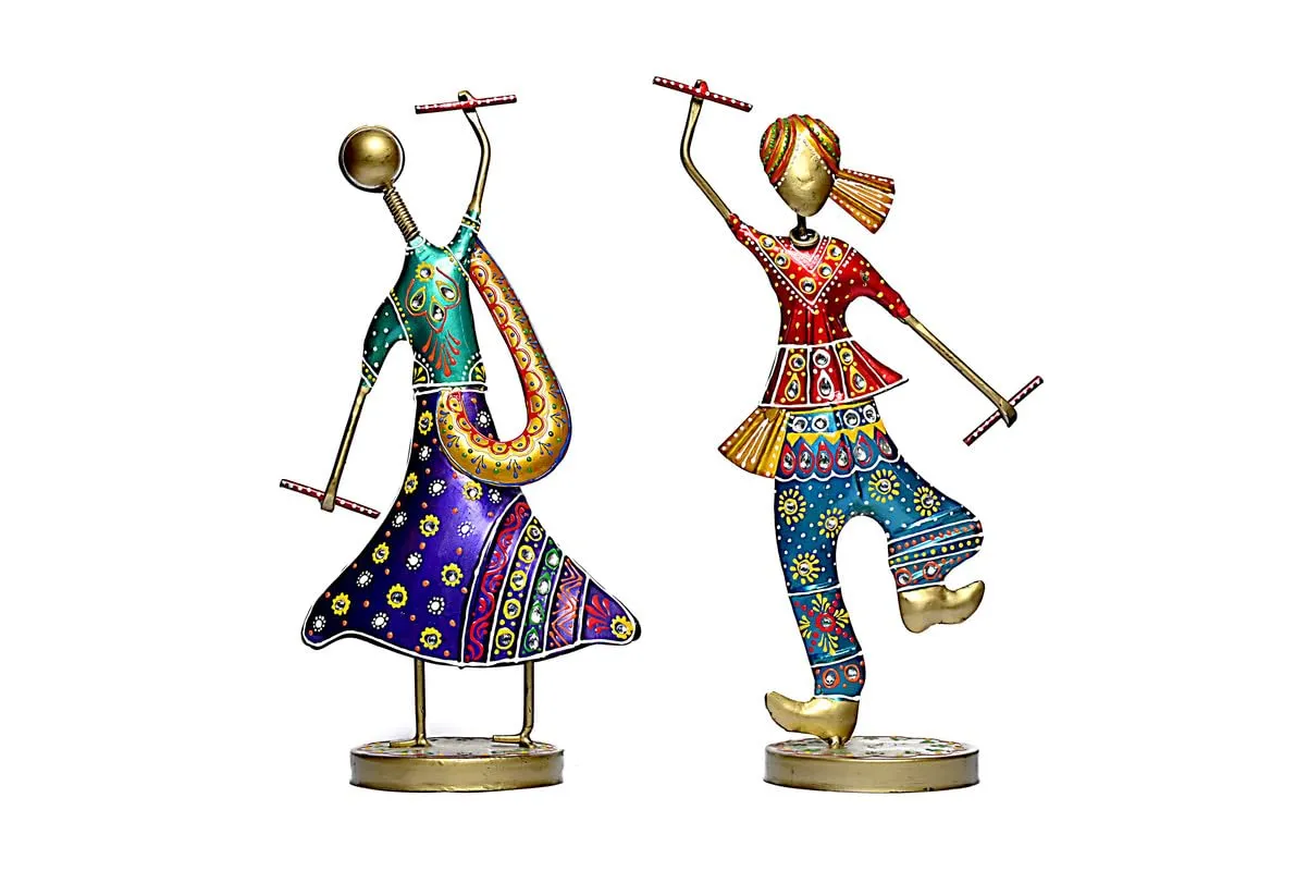 JH Gallery Handmade Handpainted Playing Dandia Couple Rajasthani Handicraft Wrought Iron Emboss Painted Decorative Showpiece Multicolor 12.5 Inch Height