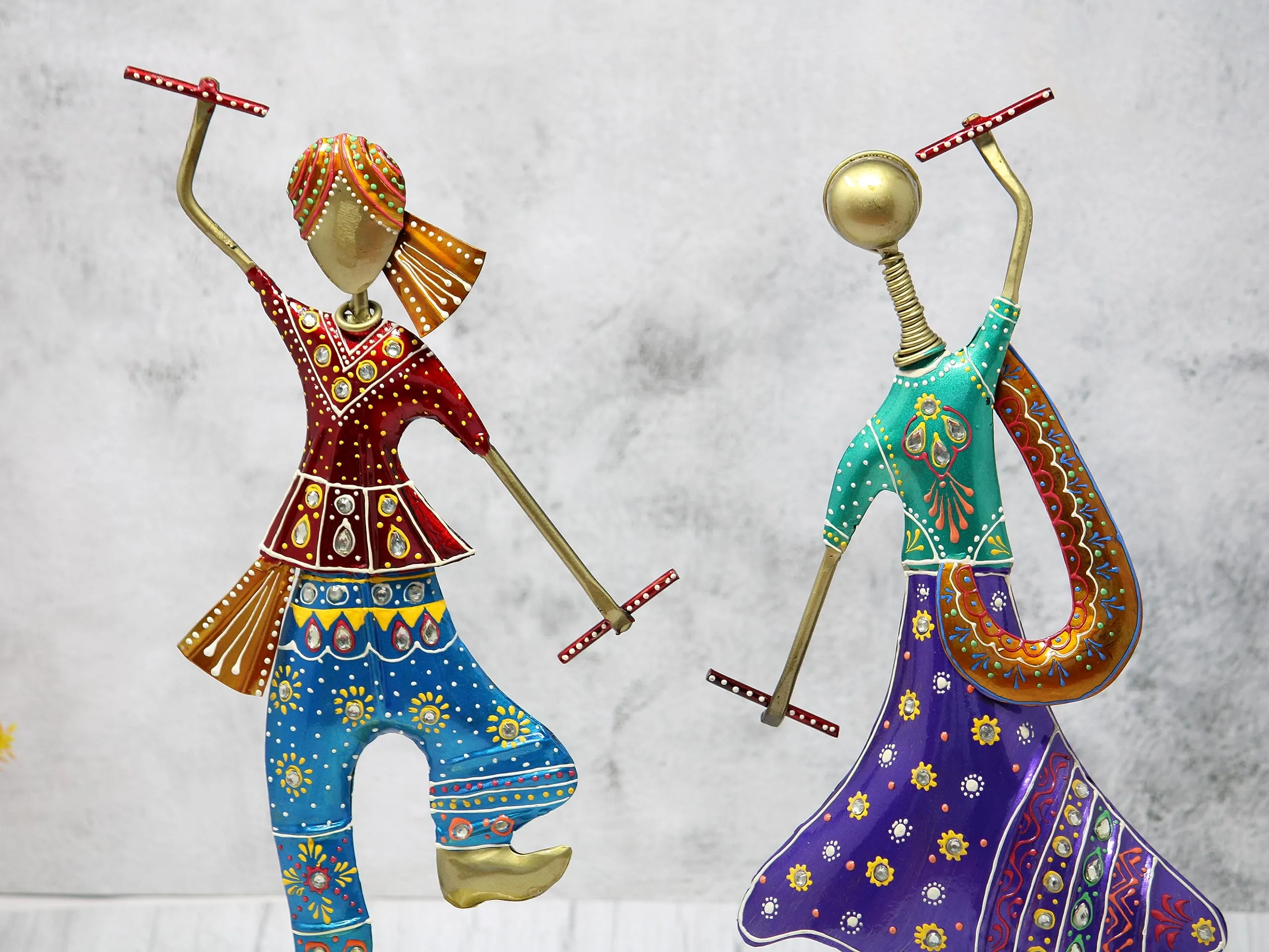 JH Gallery Handmade Handpainted Playing Dandia Couple Rajasthani Handicraft Wrought Iron Emboss Painted Decorative Showpiece Multicolor 12.5 Inch Height