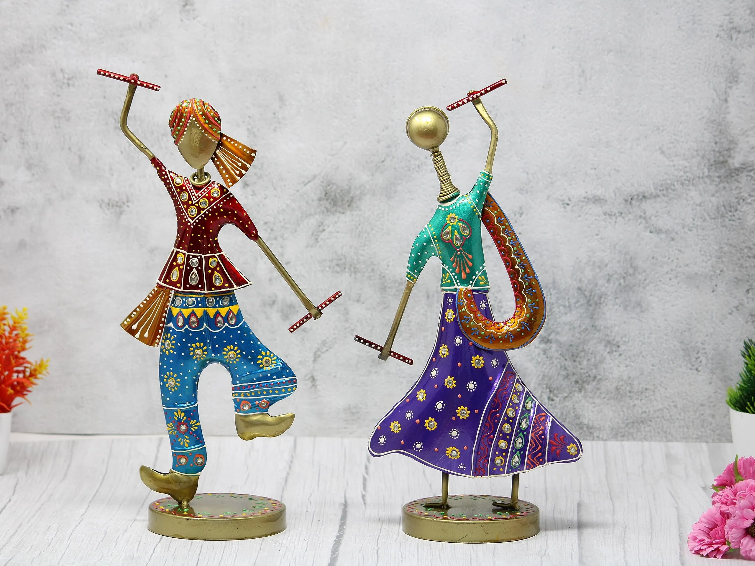 JH Gallery Handmade Handpainted Playing Dandia Couple Rajasthani Handicraft Wrought Iron Emboss Painted Decorative Showpiece Multicolor 12.5 Inch Height