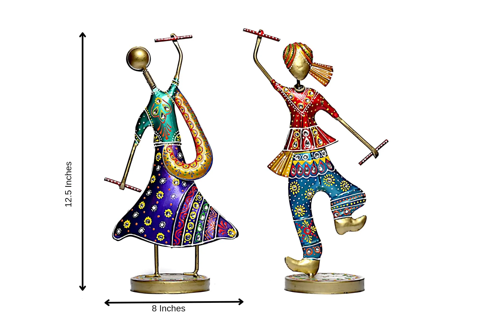 JH Gallery Handmade Handpainted Playing Dandia Couple Rajasthani Handicraft Wrought Iron Emboss Painted Decorative Showpiece Multicolor 12.5 Inch Height