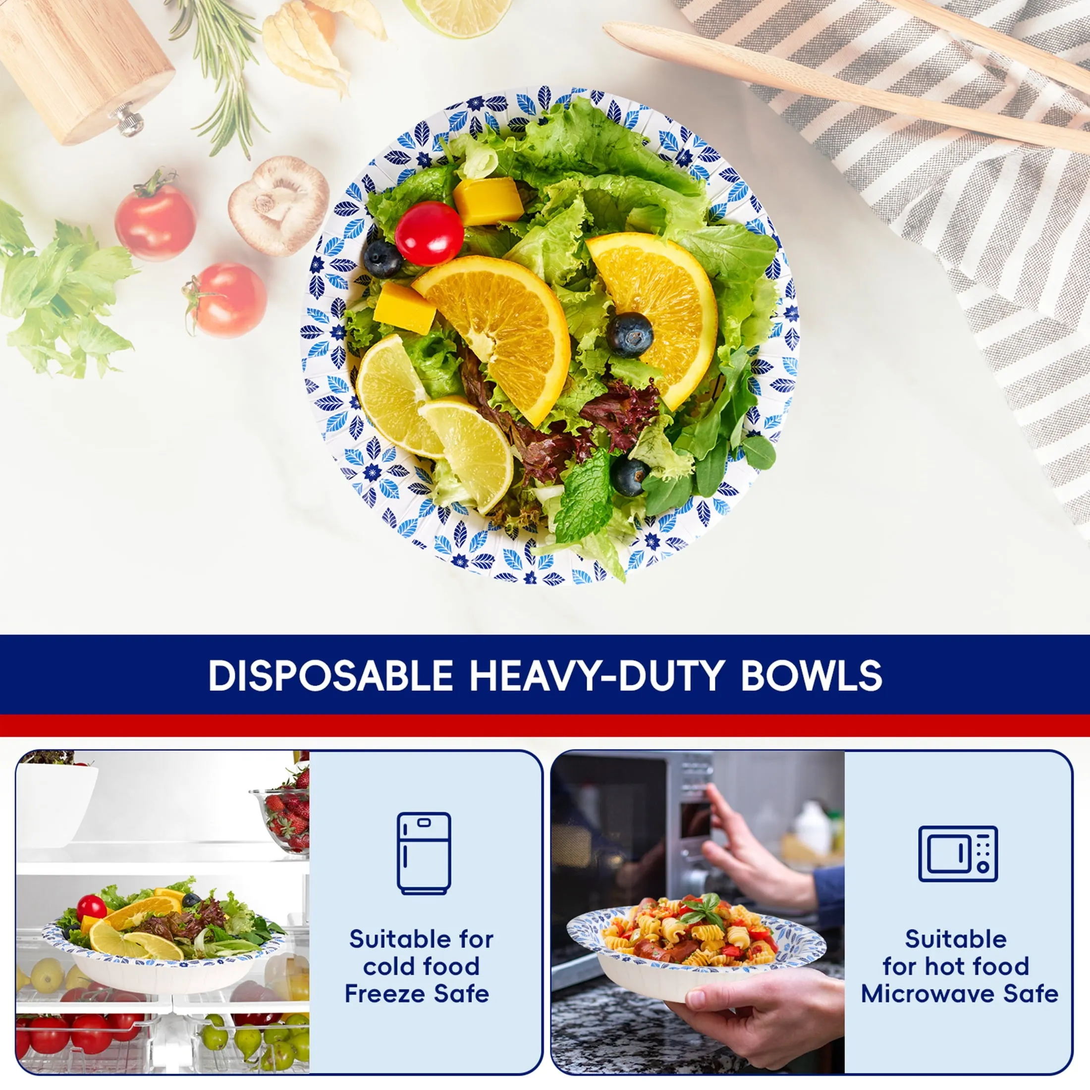 JOLLY CHEF Disposable Paper Bowls,Strong,Soak Proof,Microwave Safe,20 oz,Patterned,150 Count