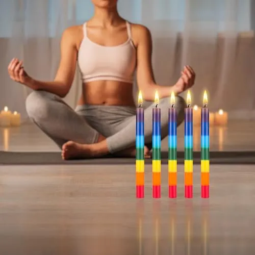 Mega Candles 10 pcs Unscented Multi Color Chakra Straight Taper Candle, Hand Poured Premium Wax Candles 10 Inch x 1 Inch, 100% Cotton Wick, Promotes Positive Energy, Meditation & Relaxation