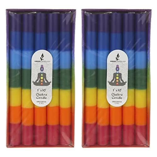 Mega Candles 10 pcs Unscented Multi Color Chakra Straight Taper Candle, Hand Poured Premium Wax Candles 10 Inch x 1 Inch, 100% Cotton Wick, Promotes Positive Energy, Meditation & Relaxation