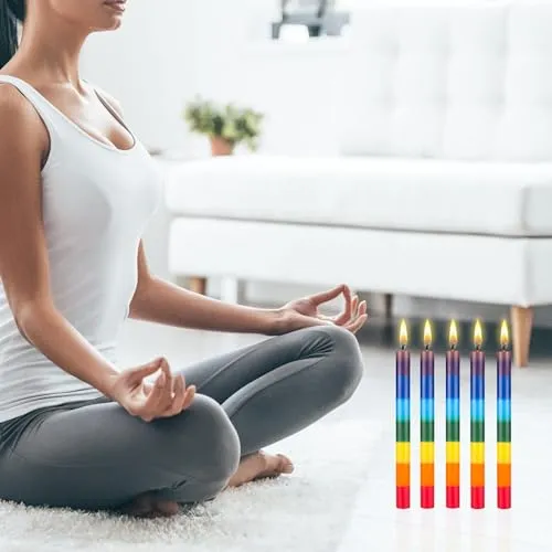 Mega Candles 10 pcs Unscented Multi Color Chakra Straight Taper Candle, Hand Poured Premium Wax Candles 10 Inch x 1 Inch, 100% Cotton Wick, Promotes Positive Energy, Meditation & Relaxation