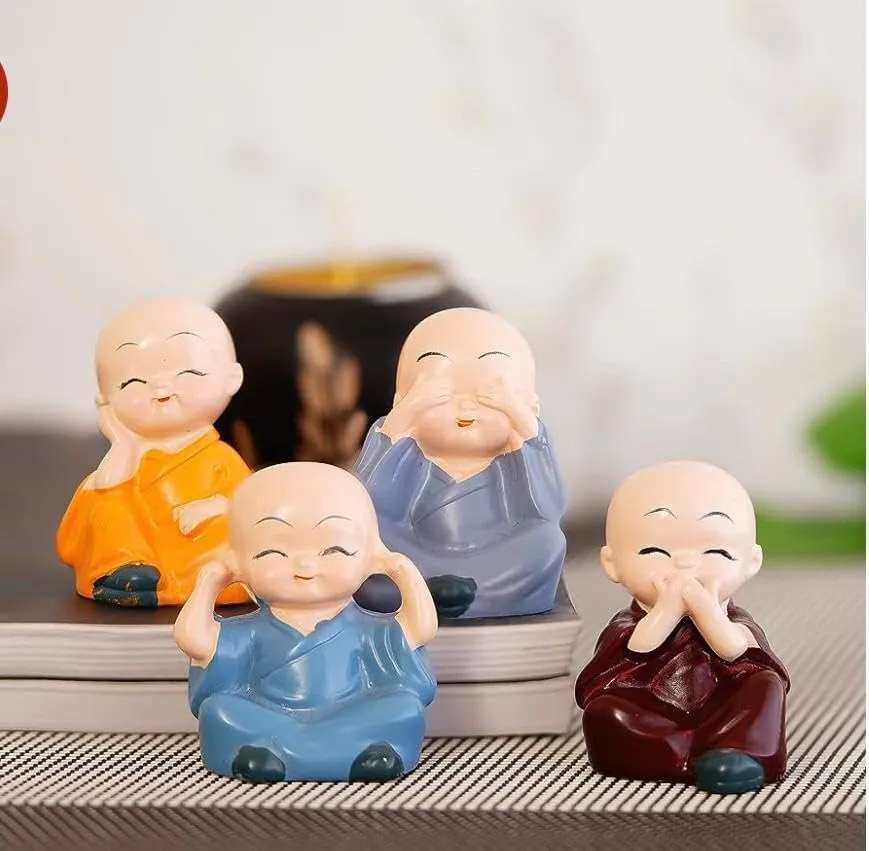 MKSL Handcrafted Baby Monk Buddha Set of 4 Statue Decorative Showpiece Coloured Cute Mini Buddha Idol Statue for Car Dashboard Table Top Home Decoration