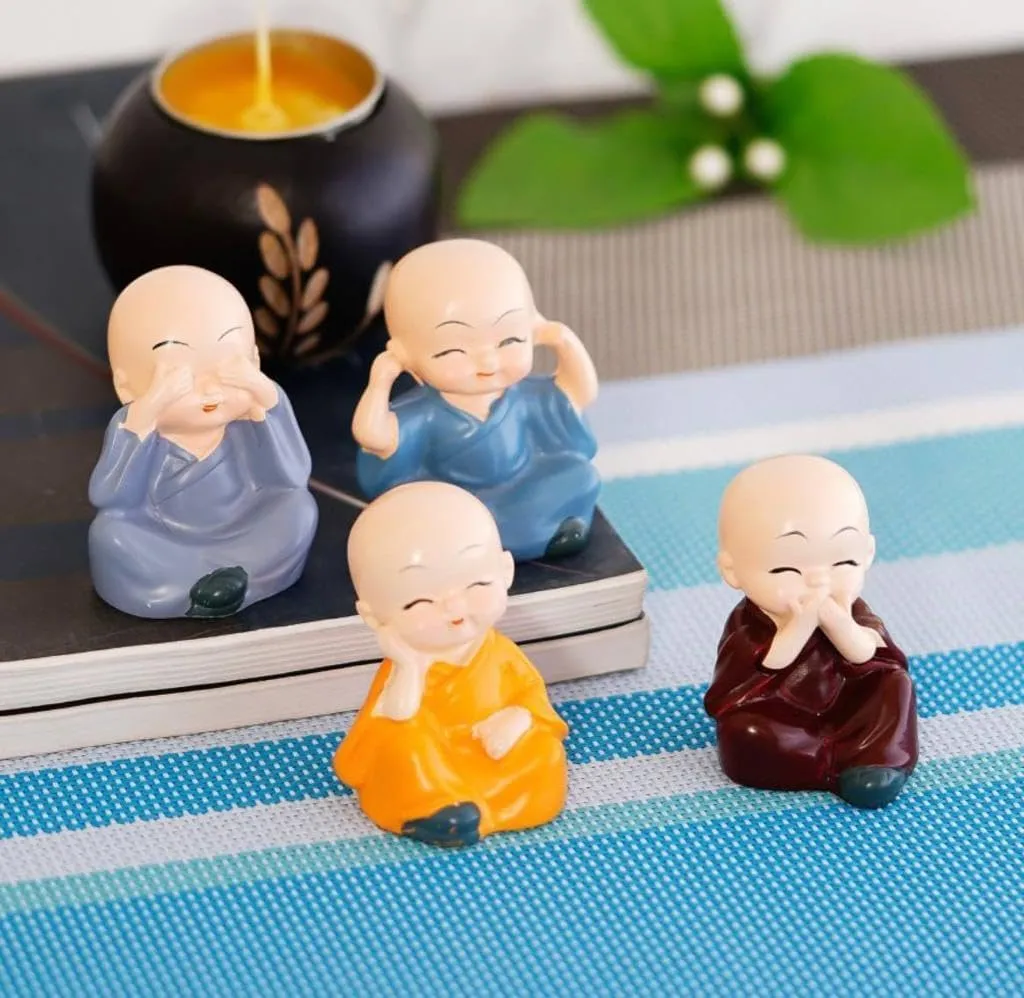 MKSL Handcrafted Baby Monk Buddha Set of 4 Statue Decorative Showpiece Coloured Cute Mini Buddha Idol Statue for Car Dashboard Table Top Home Decoration