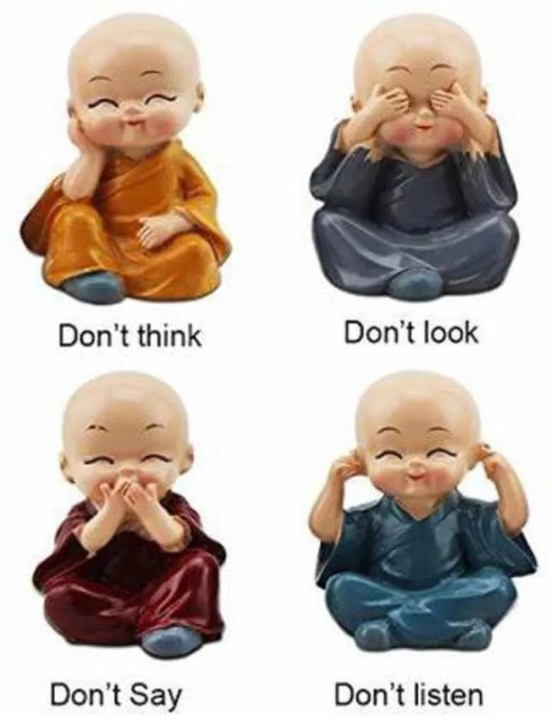 MKSL Handcrafted Baby Monk Buddha Set of 4 Statue Decorative Showpiece Coloured Cute Mini Buddha Idol Statue for Car Dashboard Table Top Home Decoration