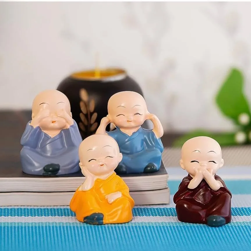 MKSL Handcrafted Baby Monk Buddha Set of 4 Statue Decorative Showpiece Coloured Cute Mini Buddha Idol Statue for Car Dashboard Table Top Home Decoration