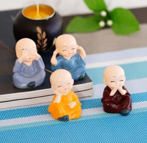 MKSL Handcrafted Baby Monk Buddha Set of 4 Statue Decorative Showpiece Coloured Cute Mini Buddha Idol Statue for Car Dashboard Table Top Home Decoration