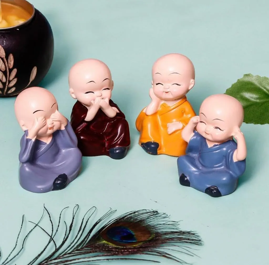 MKSL Handcrafted Baby Monk Buddha Set of 4 Statue Decorative Showpiece Coloured Cute Mini Buddha Idol Statue for Car Dashboard Table Top Home Decoration