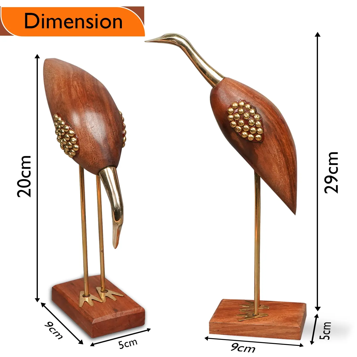 Naayaab Craft Wooden and Brass Saras, Wooden Antique Decorative Saras Swan Crane Love Birds Showpiece for Home Decor - Set of 2, Size:- Big(5 x 9 x 29cm) & Small(5 x 9 x 20cm)