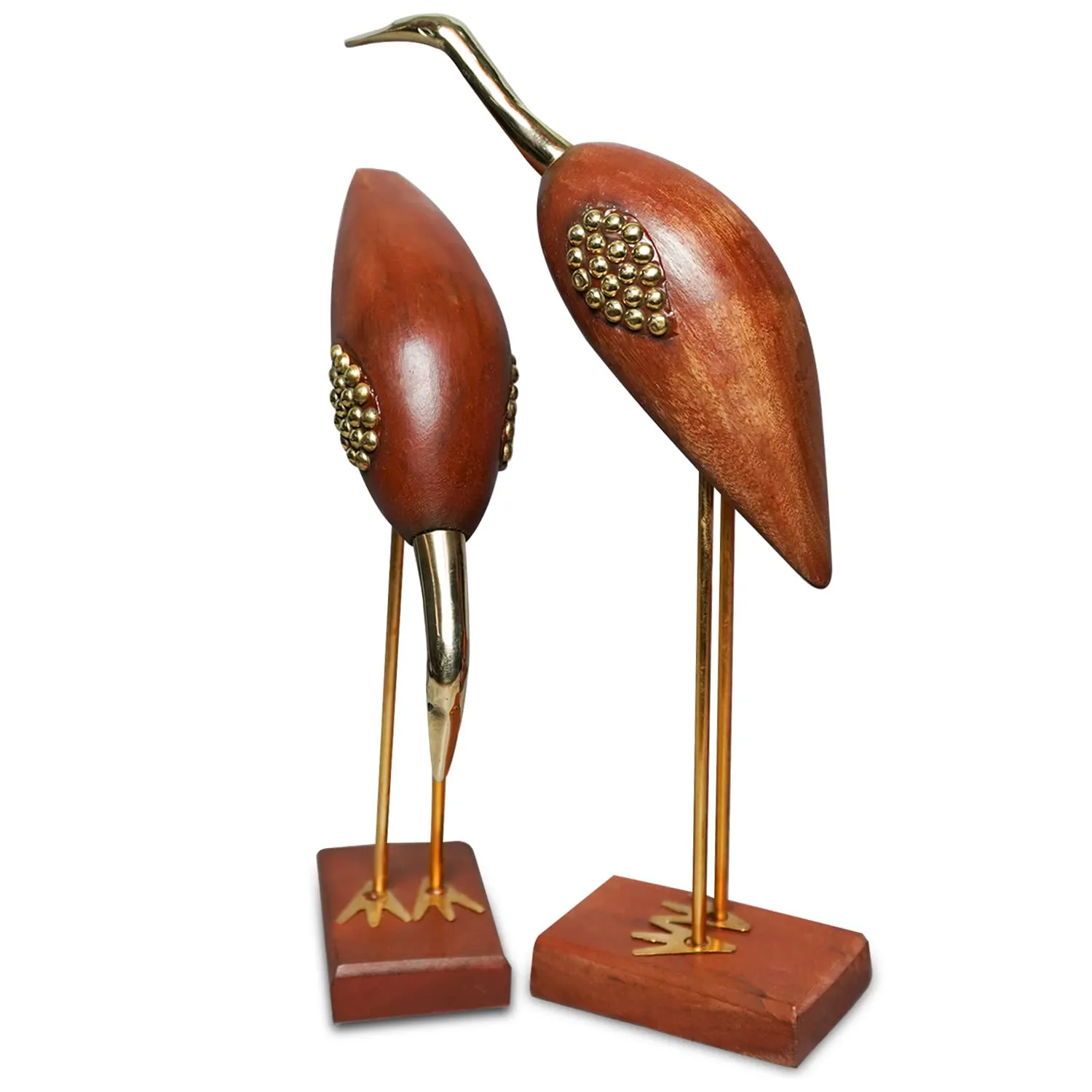 Naayaab Craft Wooden and Brass Saras, Wooden Antique Decorative Saras Swan Crane Love Birds Showpiece for Home Decor - Set of 2, Size:- Big(5 x 9 x 29cm) & Small(5 x 9 x 20cm)