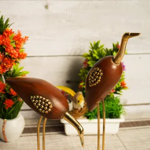 Naayaab Craft Wooden and Brass Saras, Wooden Antique Decorative Saras Swan Crane Love Birds Showpiece for Home Decor - Set of 2, Size:- Big(5 x 9 x 29cm) & Small(5 x 9 x 20cm)