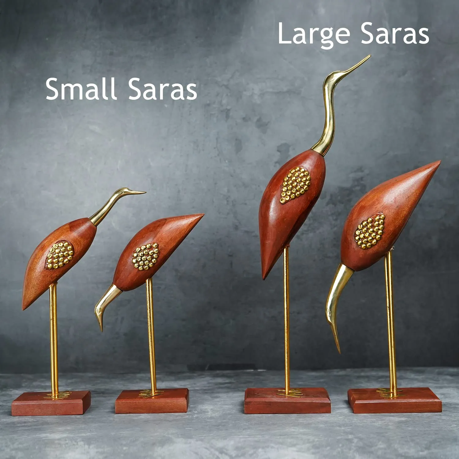 Naayaab Craft Wooden and Brass Saras, Wooden Antique Decorative Saras Swan Crane Love Birds Showpiece for Home Decor - Set of 2, Size:- Big(5 x 9 x 29cm) & Small(5 x 9 x 20cm)