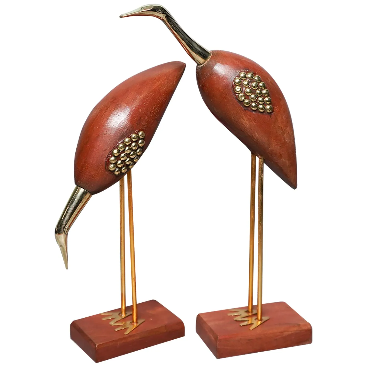 Naayaab Craft Wooden and Brass Saras, Wooden Antique Decorative Saras Swan Crane Love Birds Showpiece for Home Decor - Set of 2, Size:- Big(5 x 9 x 29cm) & Small(5 x 9 x 20cm)