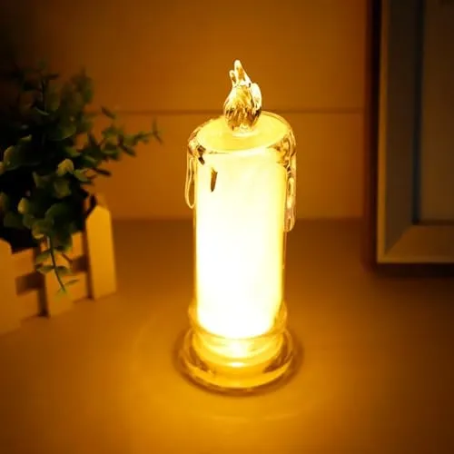 Oblivion White LED Flameless Candles Battery-Operated Pillar Flickering Realistic Decorative Lamps, Transparent Tea Party Decorations for Hotel, Restaurant Crystal Elegance (Pack of 12)