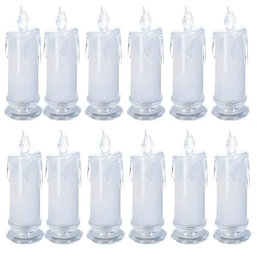Oblivion White LED Flameless Candles Battery-Operated Pillar Flickering Realistic Decorative Lamps, Transparent Tea Party Decorations for Hotel, Restaurant Crystal Elegance (Pack of 12)