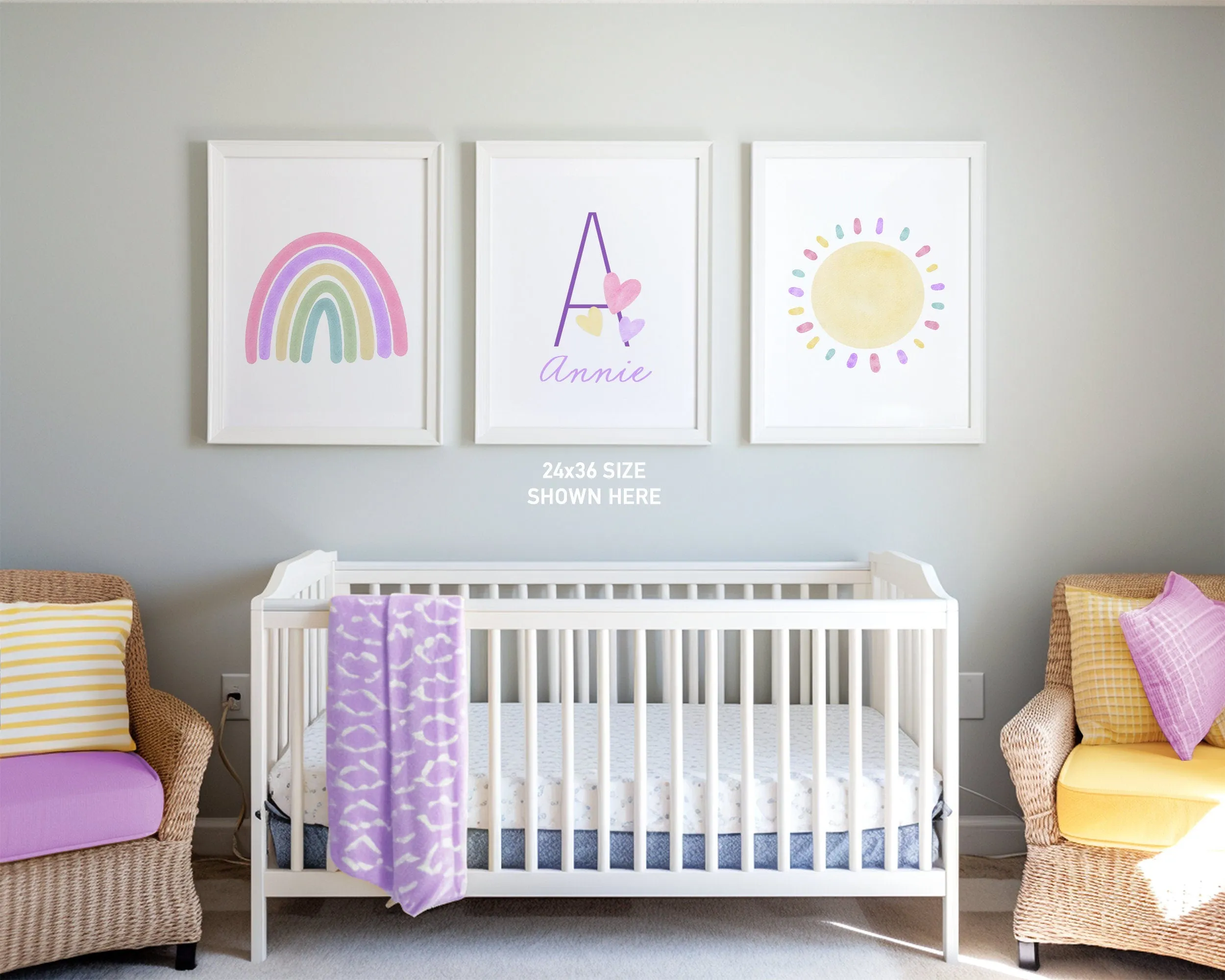 Personalized Pastel Purple Rainbow Sun Hearts Set of 3 Nursery Art Prints, Colorful Nursery Wall Art, Decor, Play Room, Baby Room Ideas, 104