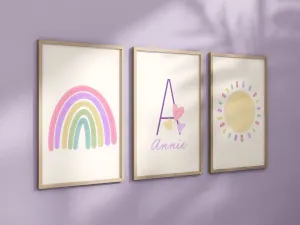 Personalized Pastel Purple Rainbow Sun Hearts Set of 3 Nursery Art Prints, Colorful Nursery Wall Art, Decor, Play Room, Baby Room Ideas, 104