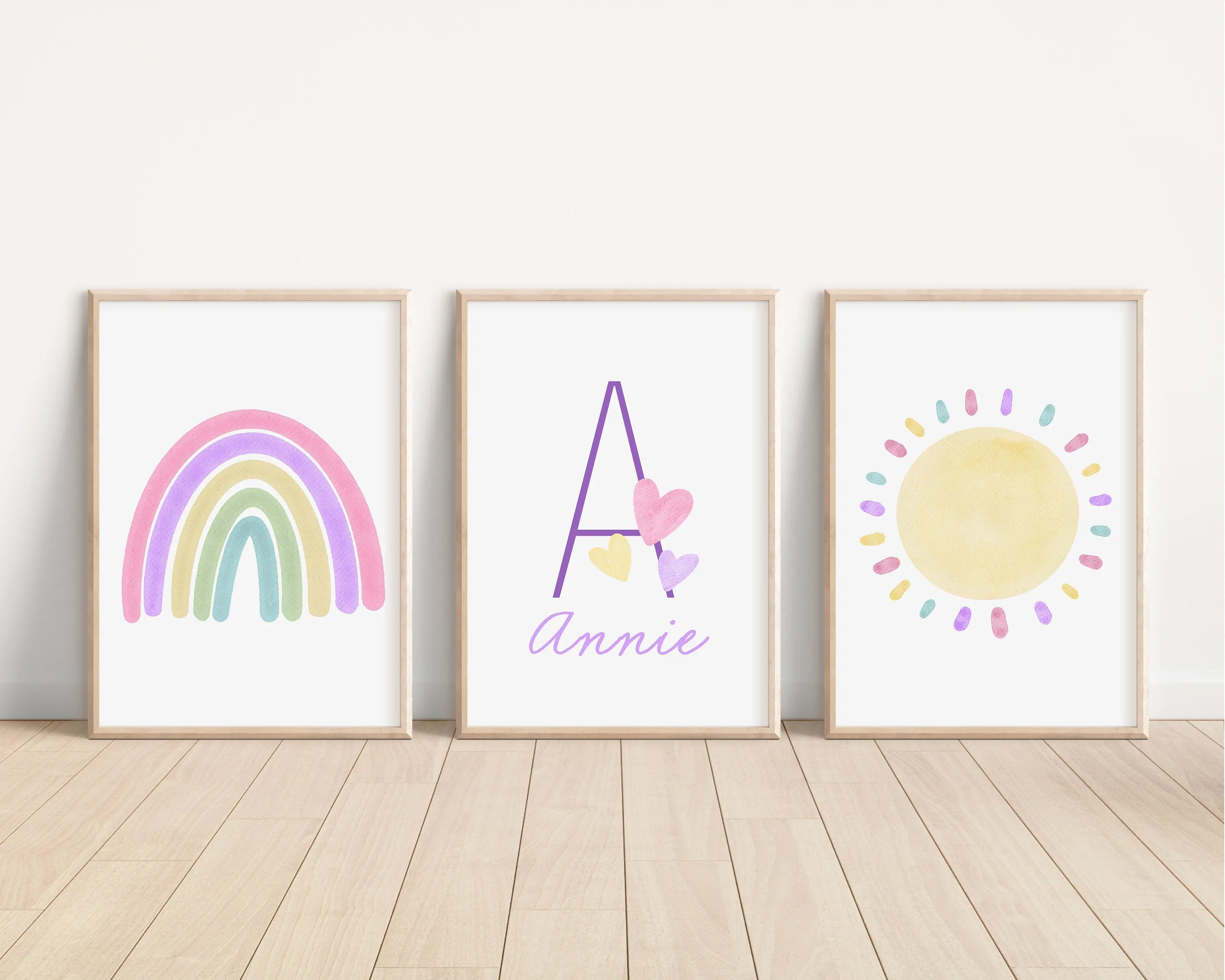 Personalized Pastel Purple Rainbow Sun Hearts Set of 3 Nursery Art Prints, Colorful Nursery Wall Art, Decor, Play Room, Baby Room Ideas, 104