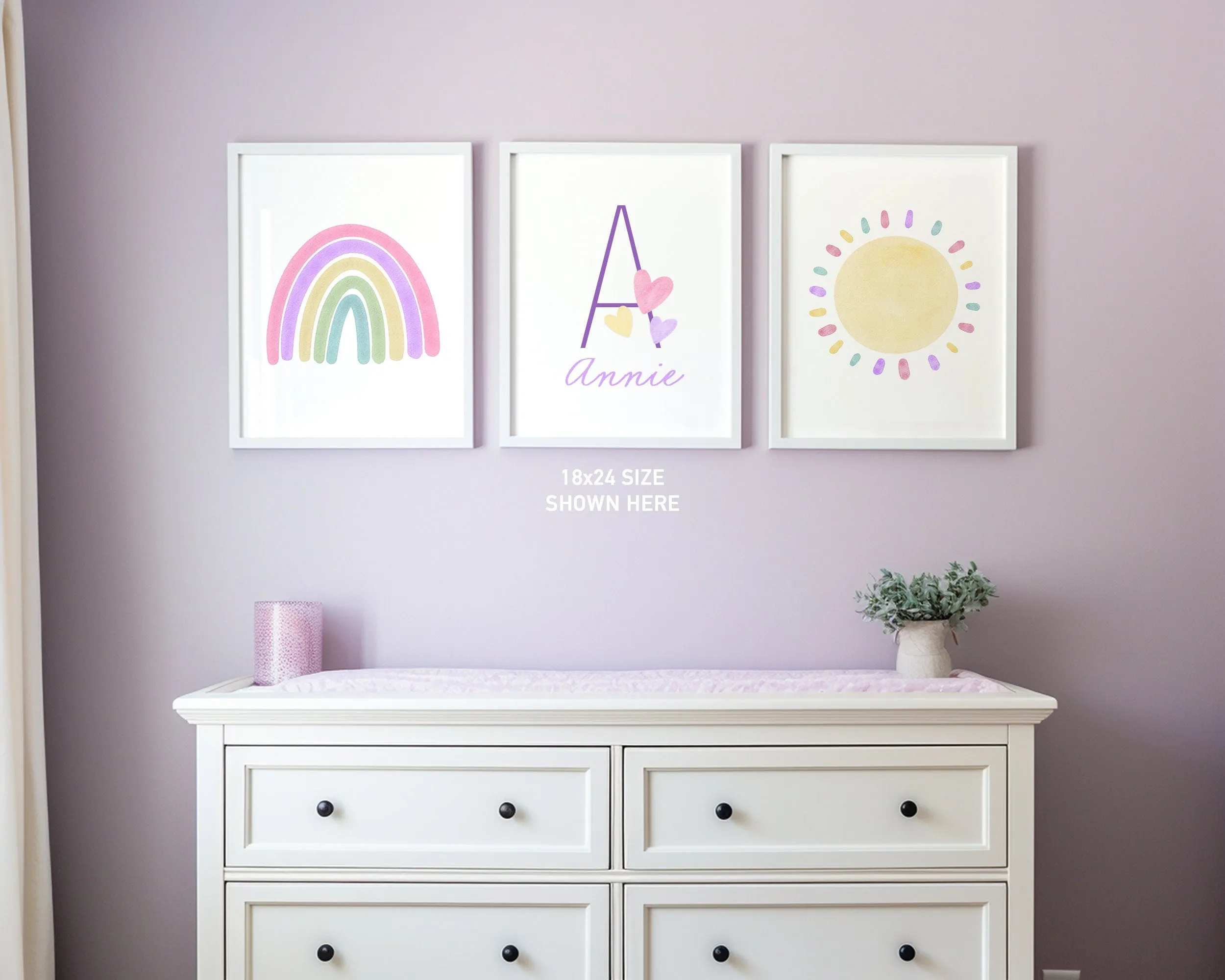 Personalized Pastel Purple Rainbow Sun Hearts Set of 3 Nursery Art Prints, Colorful Nursery Wall Art, Decor, Play Room, Baby Room Ideas, 104