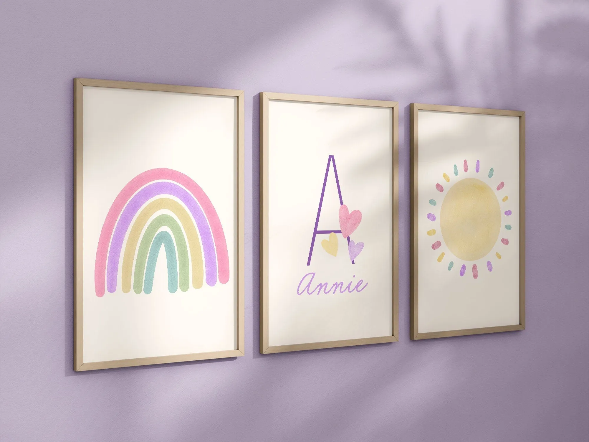 Personalized Pastel Purple Rainbow Sun Hearts Set of 3 Nursery Art Prints, Colorful Nursery Wall Art, Decor, Play Room, Baby Room Ideas, 104