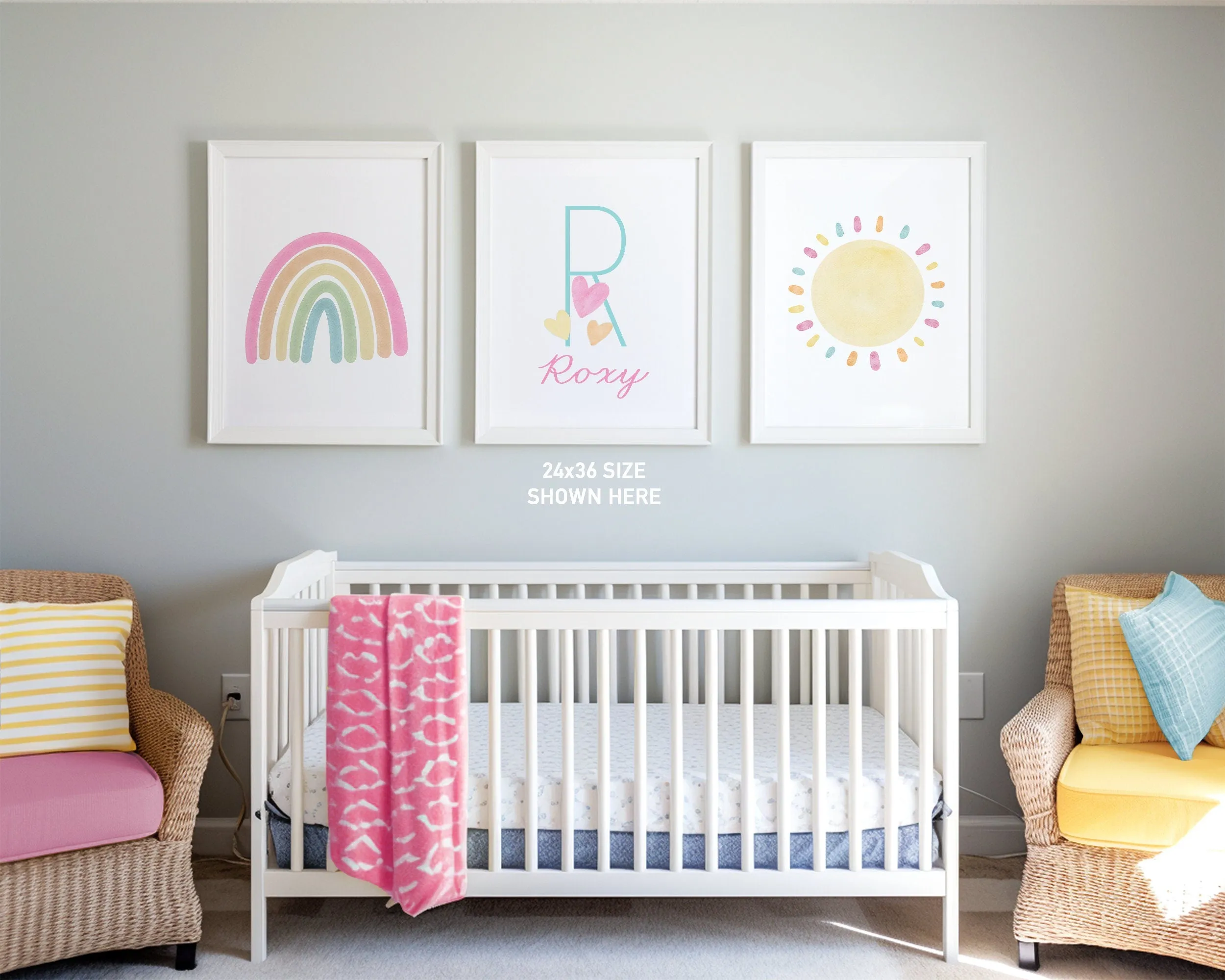 Personalized Pastel Rainbow Sun Hearts Set of 3 Nursery Art Prints, Colorful Nursery Wall Art, Decor, Play Room, Baby Room Ideas